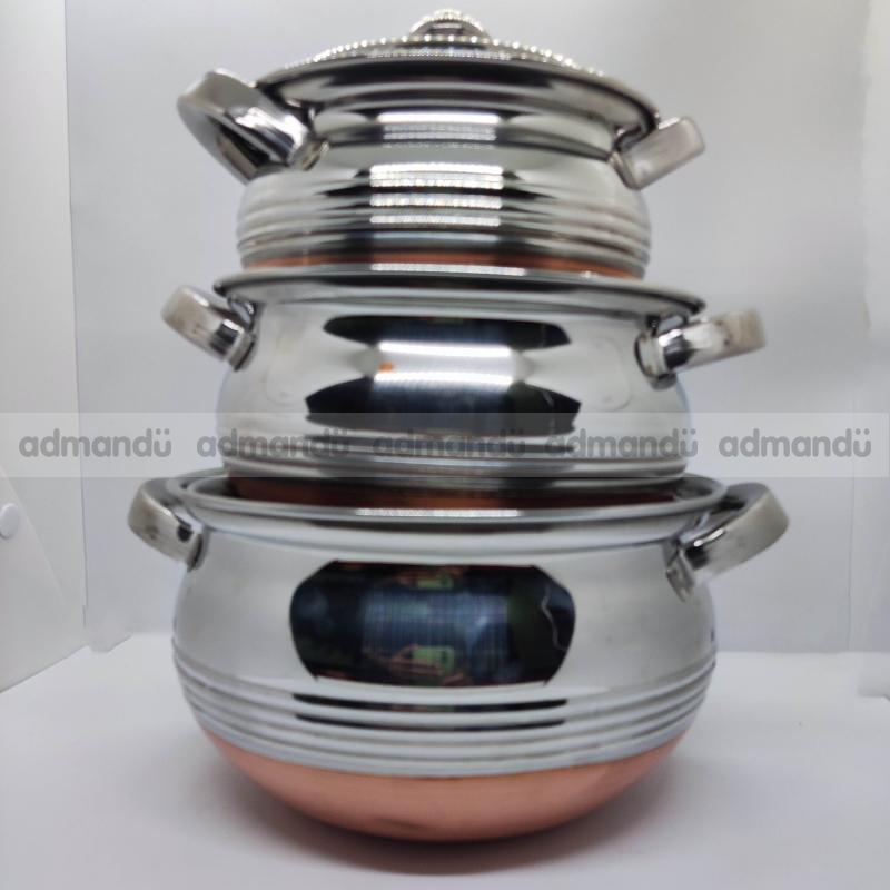 3 Pieces  Kadhai Handi Set with Handle and copper Bottom
